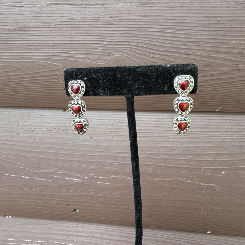 Triple Heart Drop Earrings‎ Red Silver Tone Vintage Style Romantic